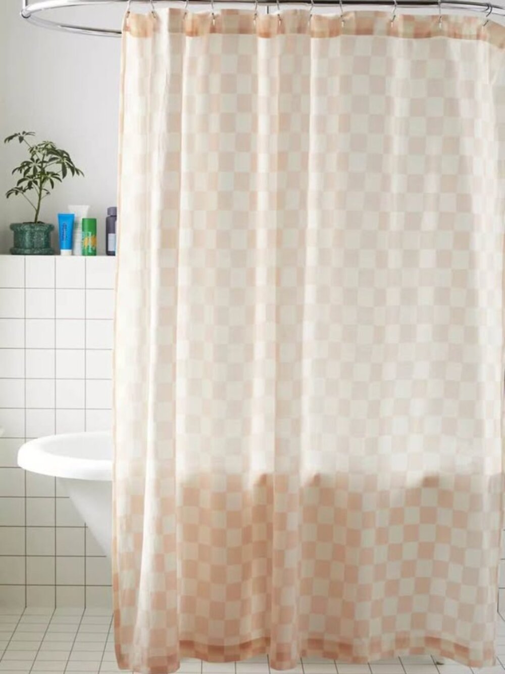 UO Home Checkerboard Cotton Shower Curtain – Blush/Cream (72x72")